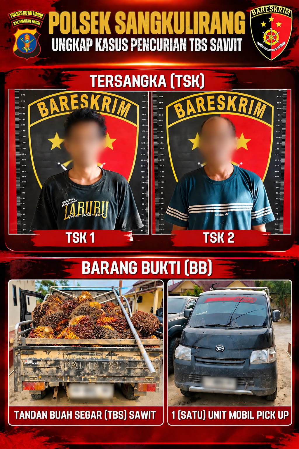 Polsek Sangkulirang Amankan Dua Terduga Pencurian 1,15 Ton Sawit PT Tri Daya Hutan Lestari